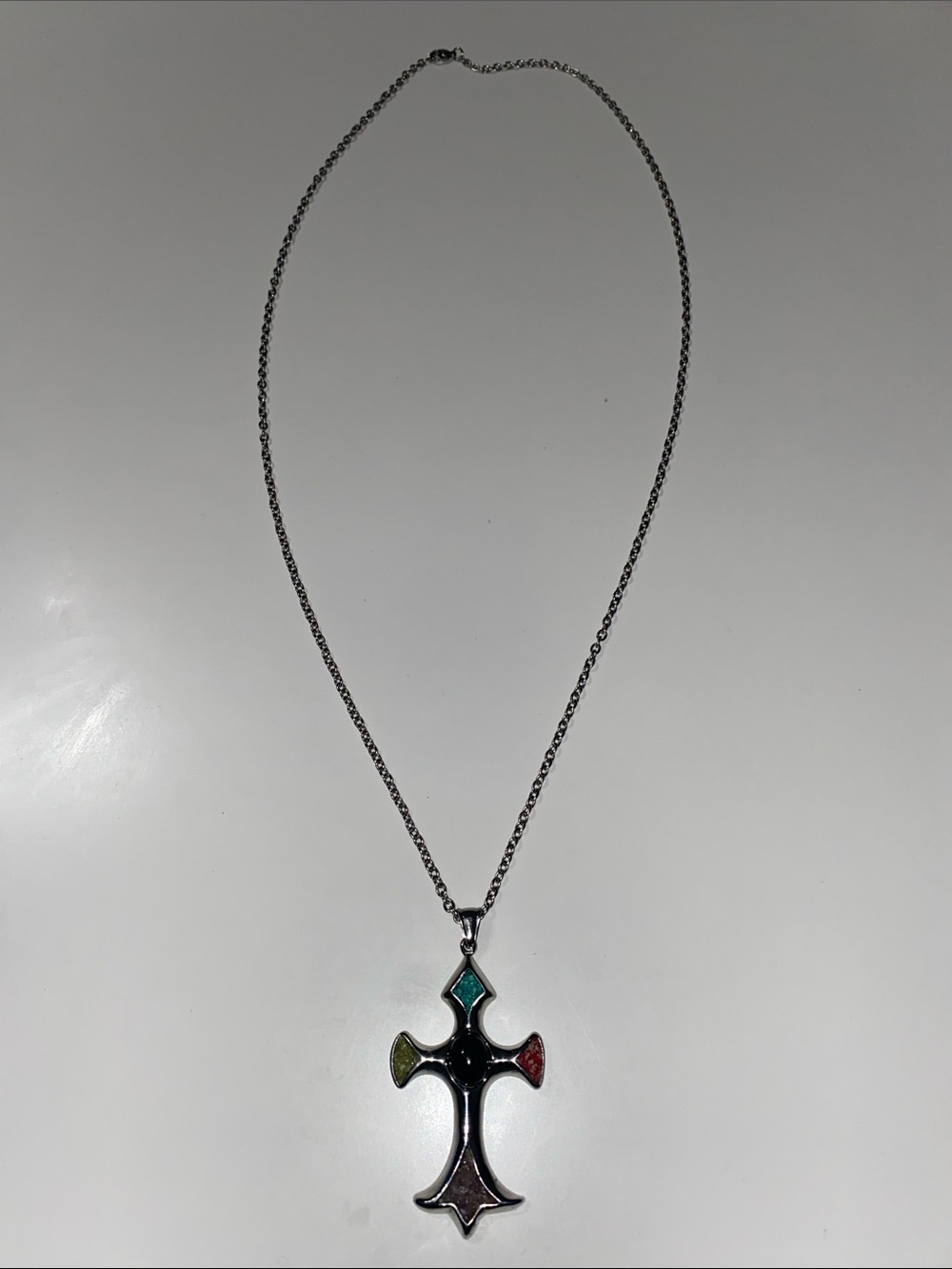 Long Vintage Silver Cross Necklace with Stones